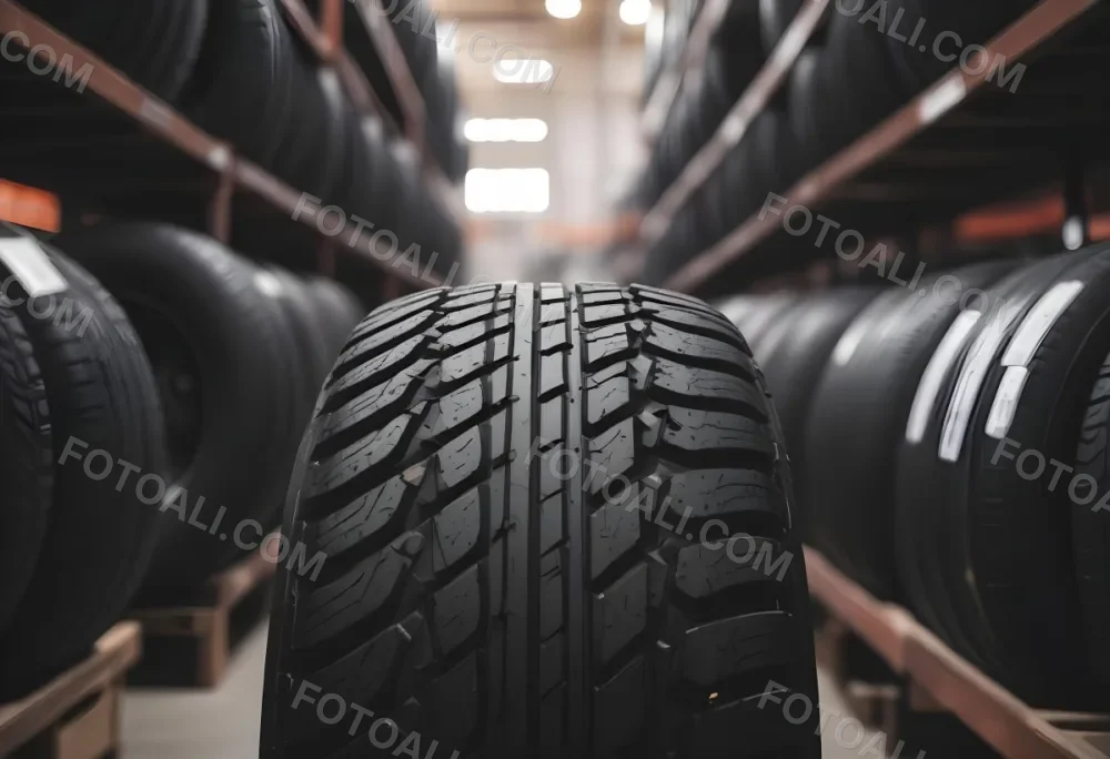 A Black Tire In A Warehouse With Tires On Shelves The Background Is Blurred 21 5d59