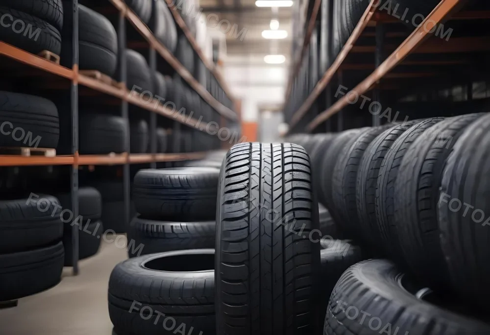 A Black Tire In A Warehouse With Tires On Shelves The Background Is Blurred 22 C7d1