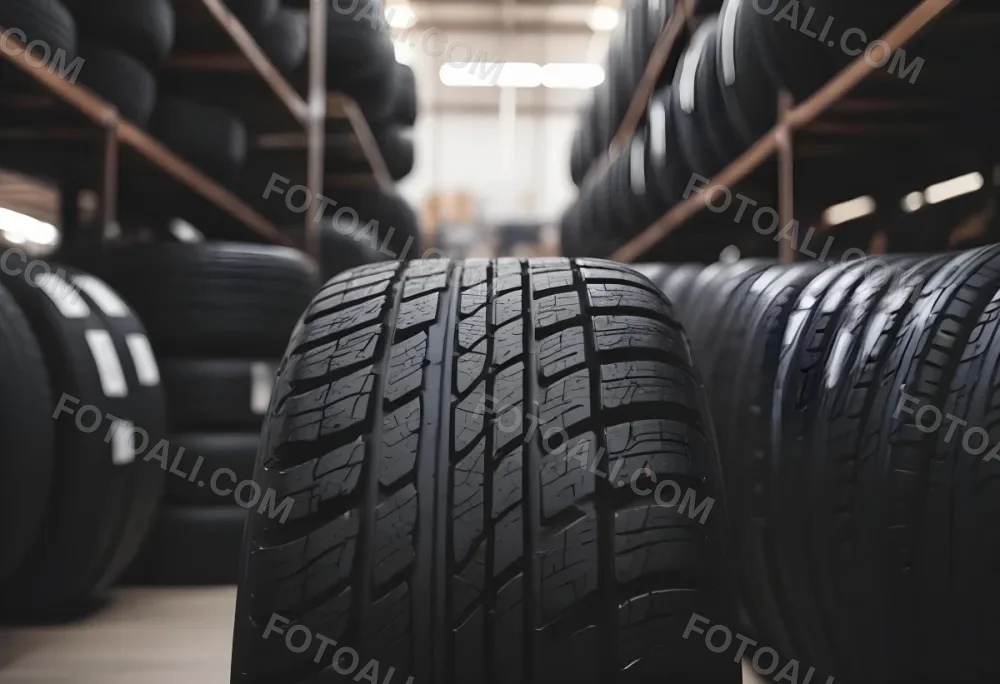 A Black Tire In A Warehouse With Tires On Shelves The Background Is Blurred 25 F5b3