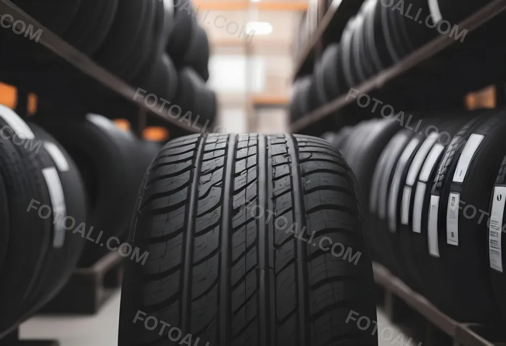 A Black Tire In A Warehouse With Tires On Shelves The Background Is Blurred 27 7623