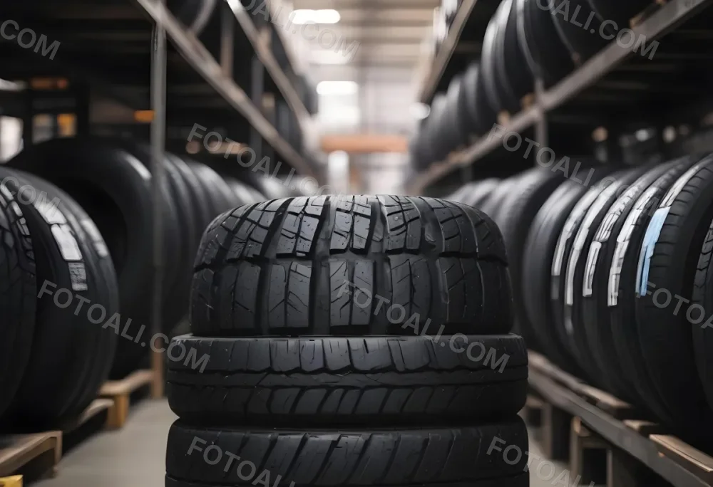 A Black Tire In A Warehouse With Tires On Shelves The Background Is Blurred 28 7901