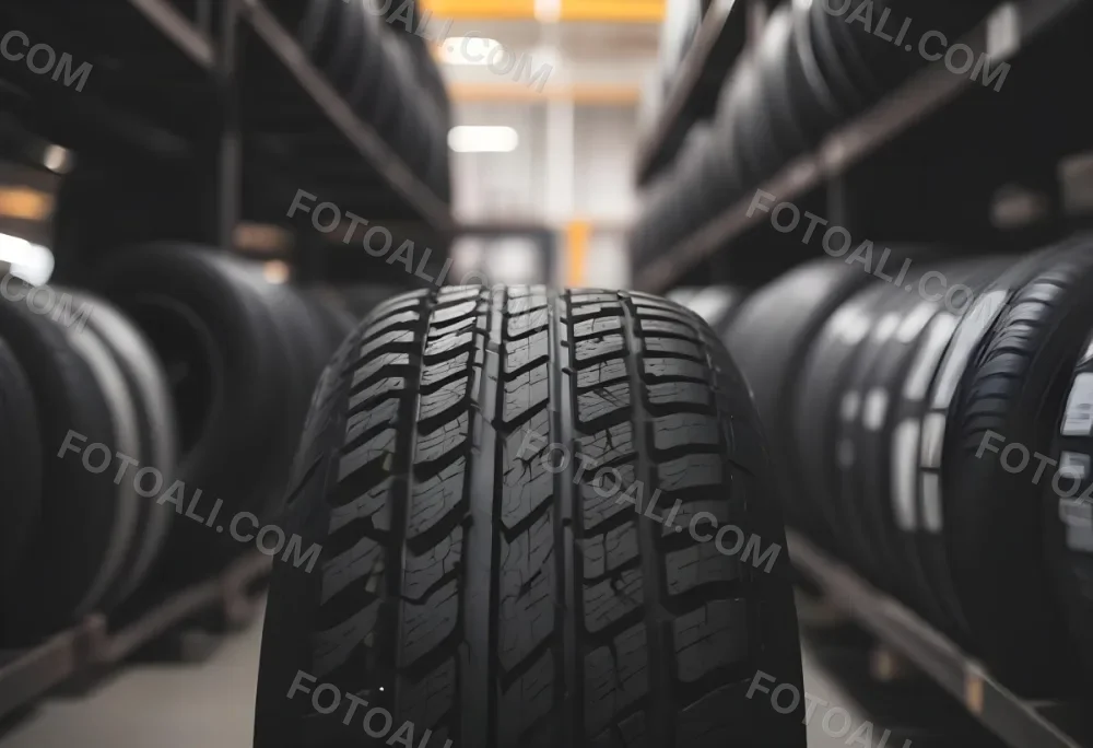 A Black Tire In A Warehouse With Tires On Shelves The Background Is Blurred 29 2d57