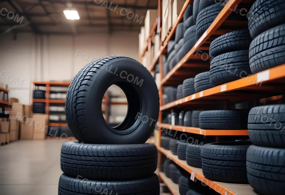 A Black Tire In A Warehouse With Tires On Shelves The Background Is Blurred 3 83c0