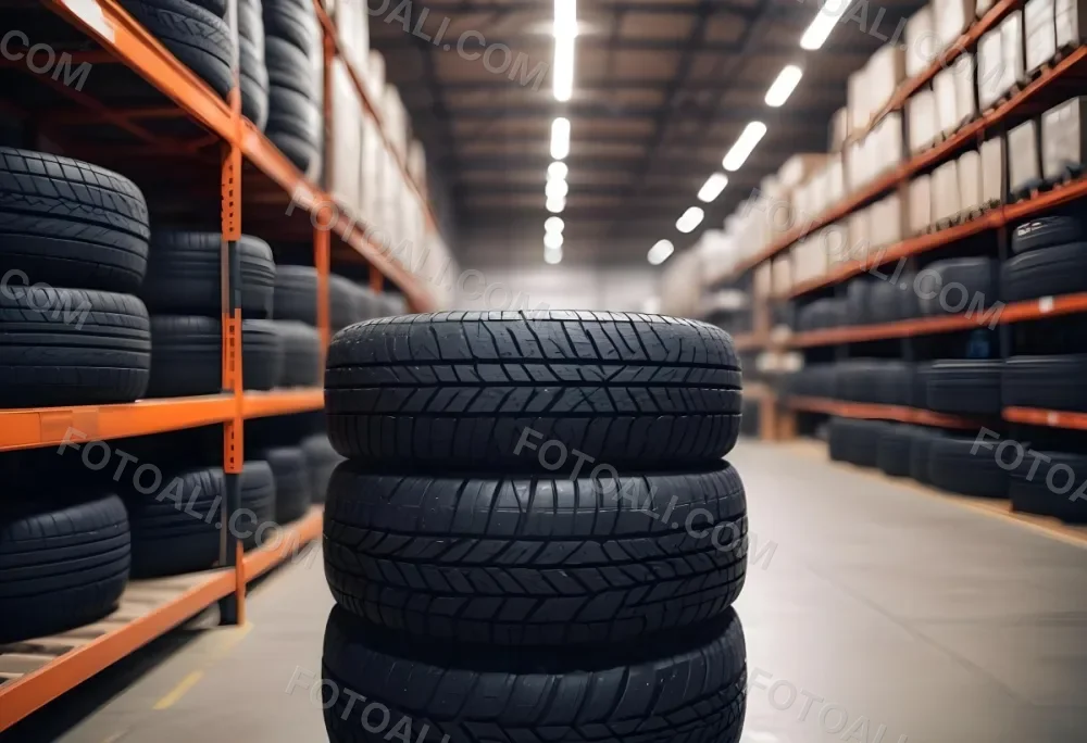 A Black Tire In A Warehouse With Tires On Shelves The Background Is Blurred 4 B0b7