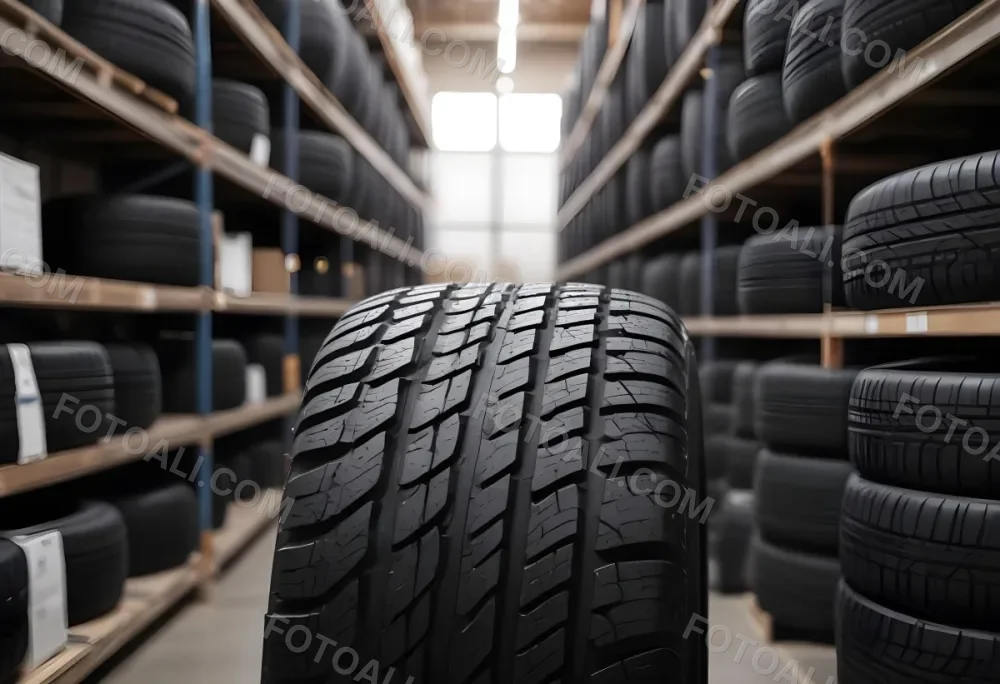 A Black Tire In A Warehouse With Tires On Shelves The Background Is Blurred 7 38bd