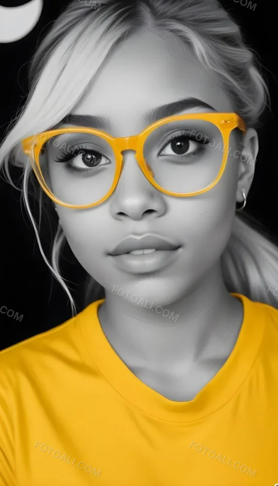 A Black Woman 21 Years Old With Long Blonde Hair And White Glasses Wearing A White T Shirt In A Black And White Background 54 Ae00