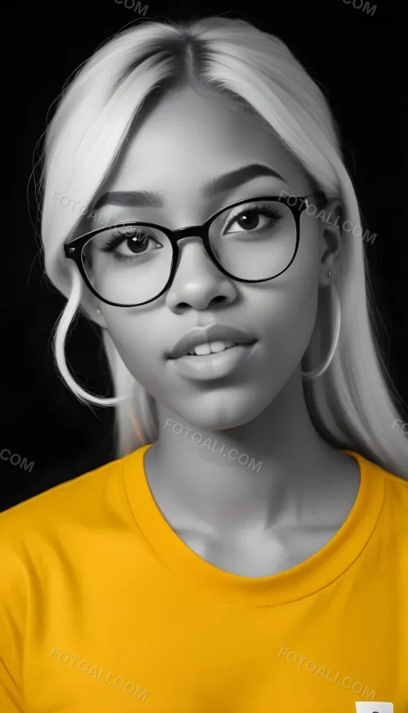 A Black Woman 21 Years Old With Long Blonde Hair And White Glasses Wearing A White T Shirt In A Black And White Background 56 3e2c