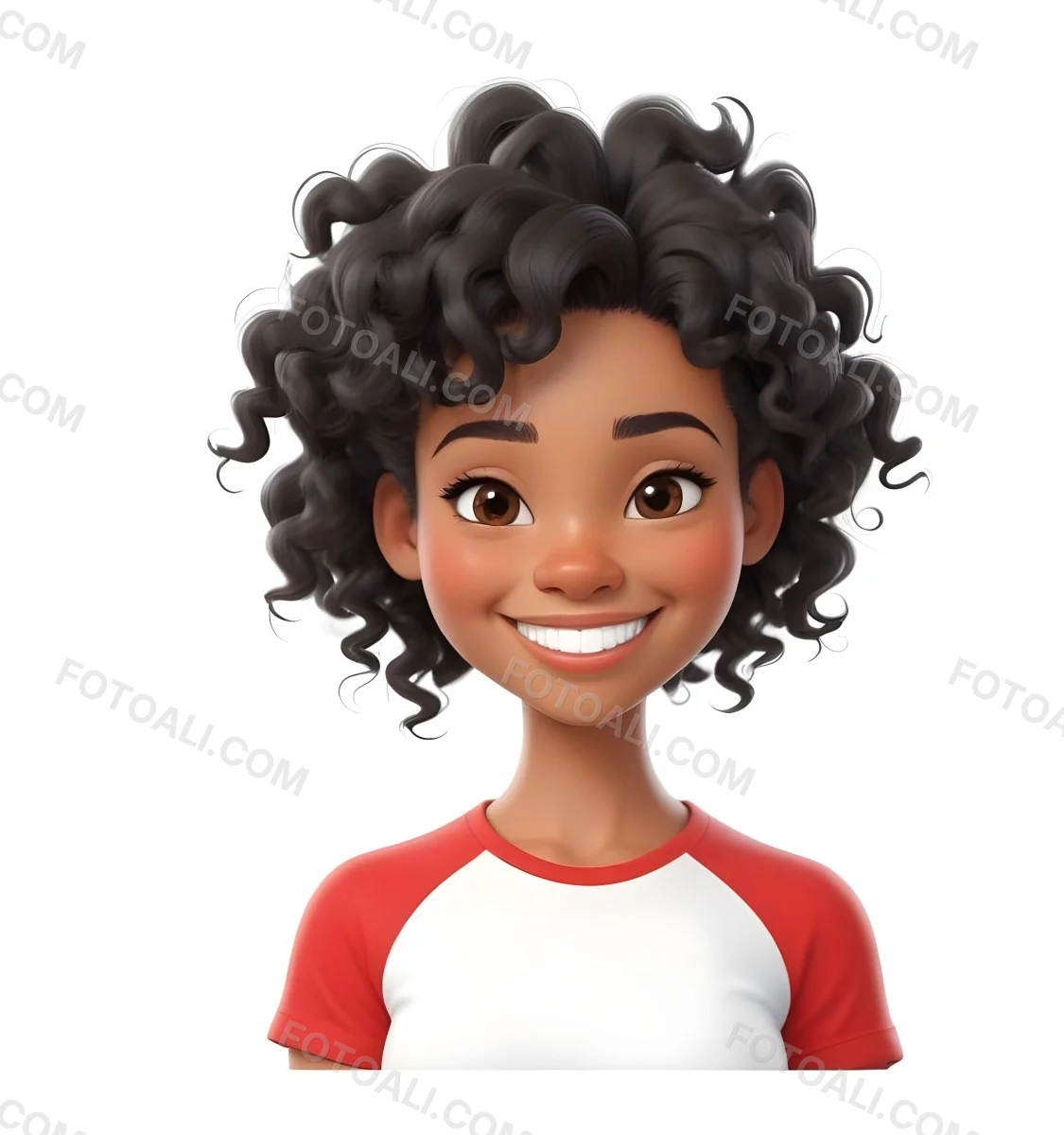 A Black Woman 23 Years Old Curly Black Hair Smiling Wearing A Red And White T Shirt In A White Background 11 737c