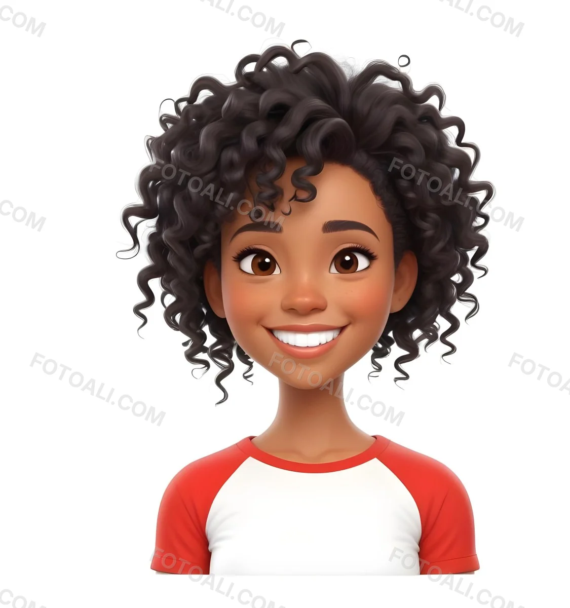 A Black Woman 23 Years Old Curly Black Hair Smiling Wearing A Red And White T Shirt In A White Background 15 0217