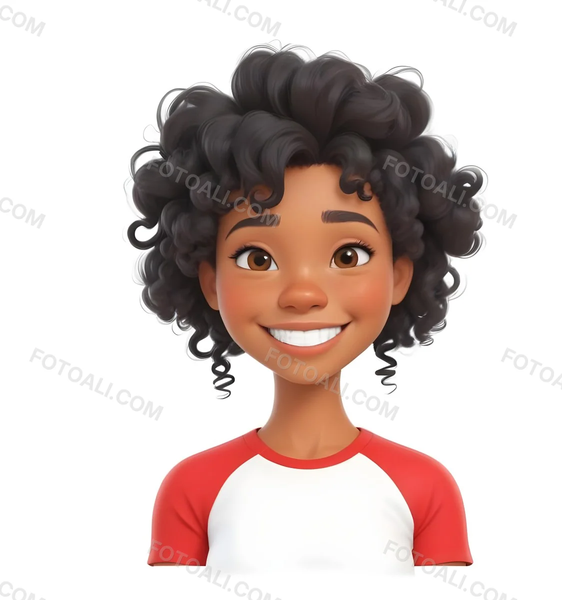 A Black Woman 23 Years Old Curly Black Hair Smiling Wearing A Red And White T Shirt In A White Background 17 1e8d