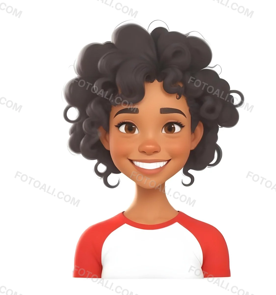 A Black Woman 23 Years Old Curly Black Hair Smiling Wearing A Red And White T Shirt In A White Background 22 B7b3