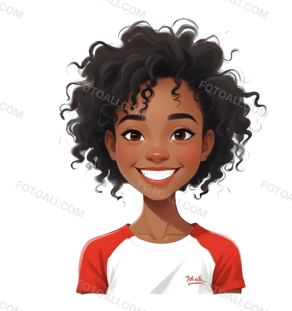 A Black Woman 23 Years Old Curly Black Hair Smiling Wearing A Red And White T Shirt In A White Background 27 72ef