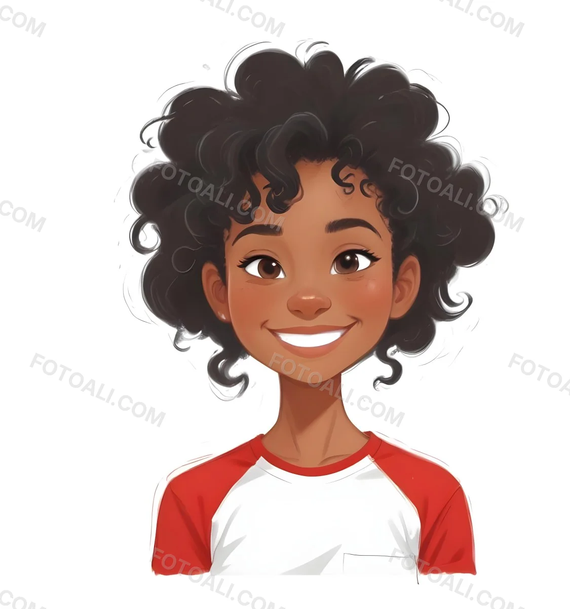 A Black Woman 23 Years Old Curly Black Hair Smiling Wearing A Red And White T Shirt In A White Background 3 A22e