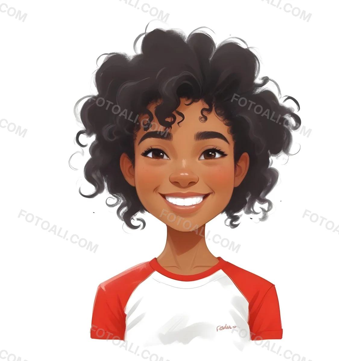 A Black Woman 23 Years Old Curly Black Hair Smiling Wearing A Red And White T Shirt In A White Background 5 C90c