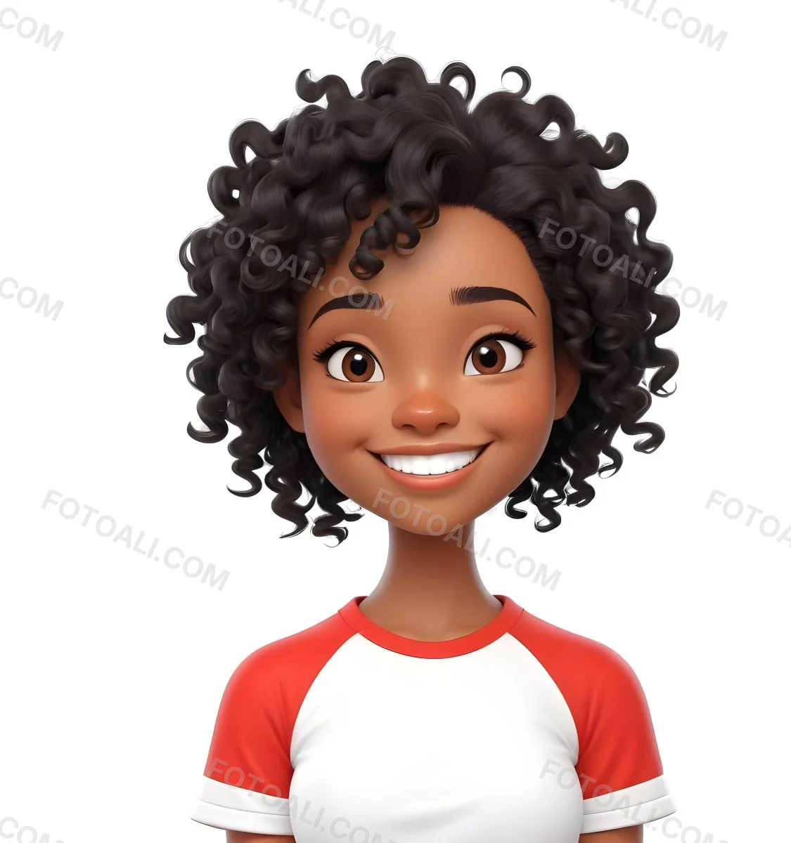 A Black Woman 23 Years Old Curly Black Hair Smiling Wearing A Red And White T Shirt In A White Background 6 96b4