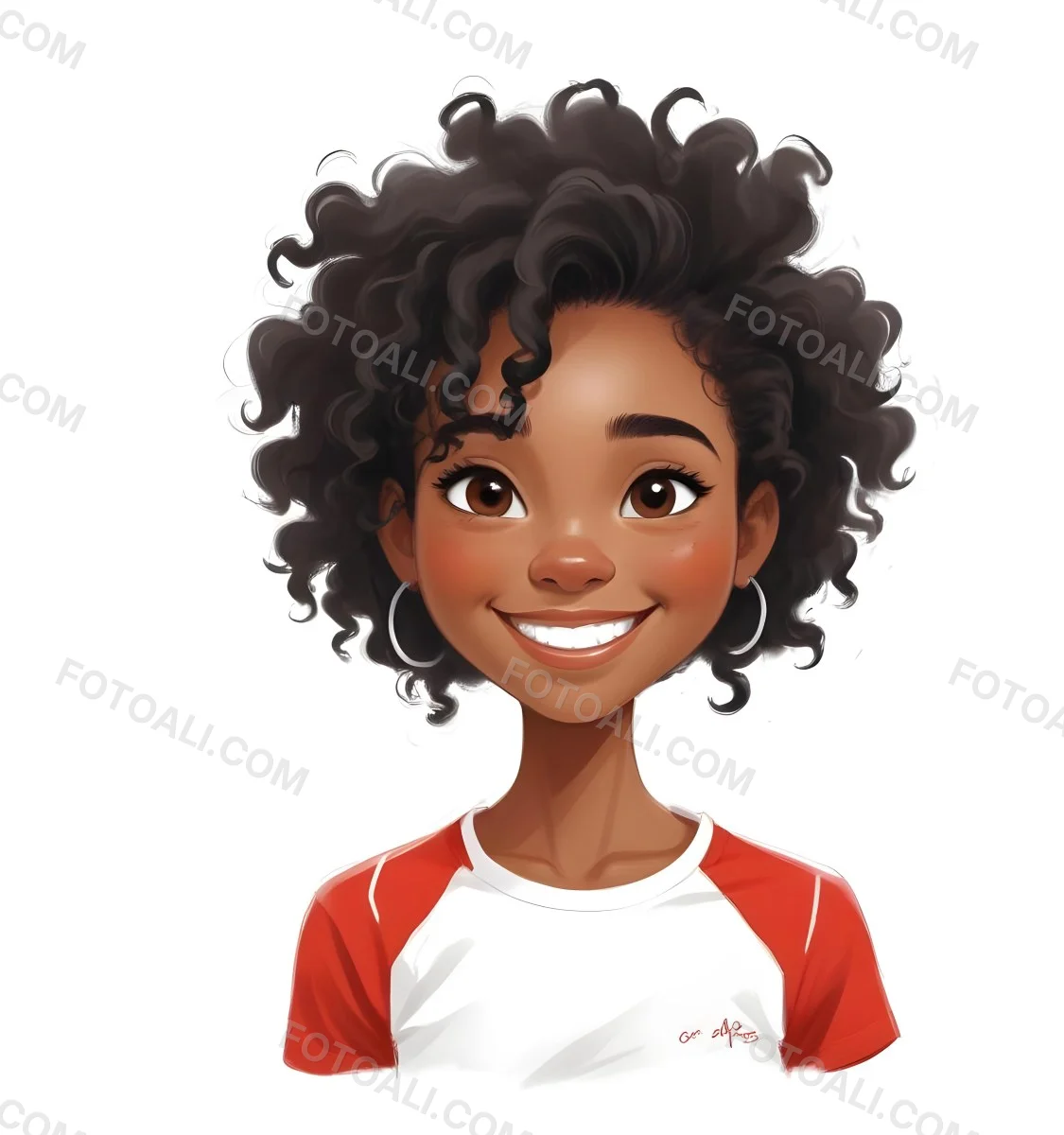 A Black Woman 23 Years Old Curly Black Hair Smiling Wearing A Red And White T Shirt In A White Background 6 Bfe1