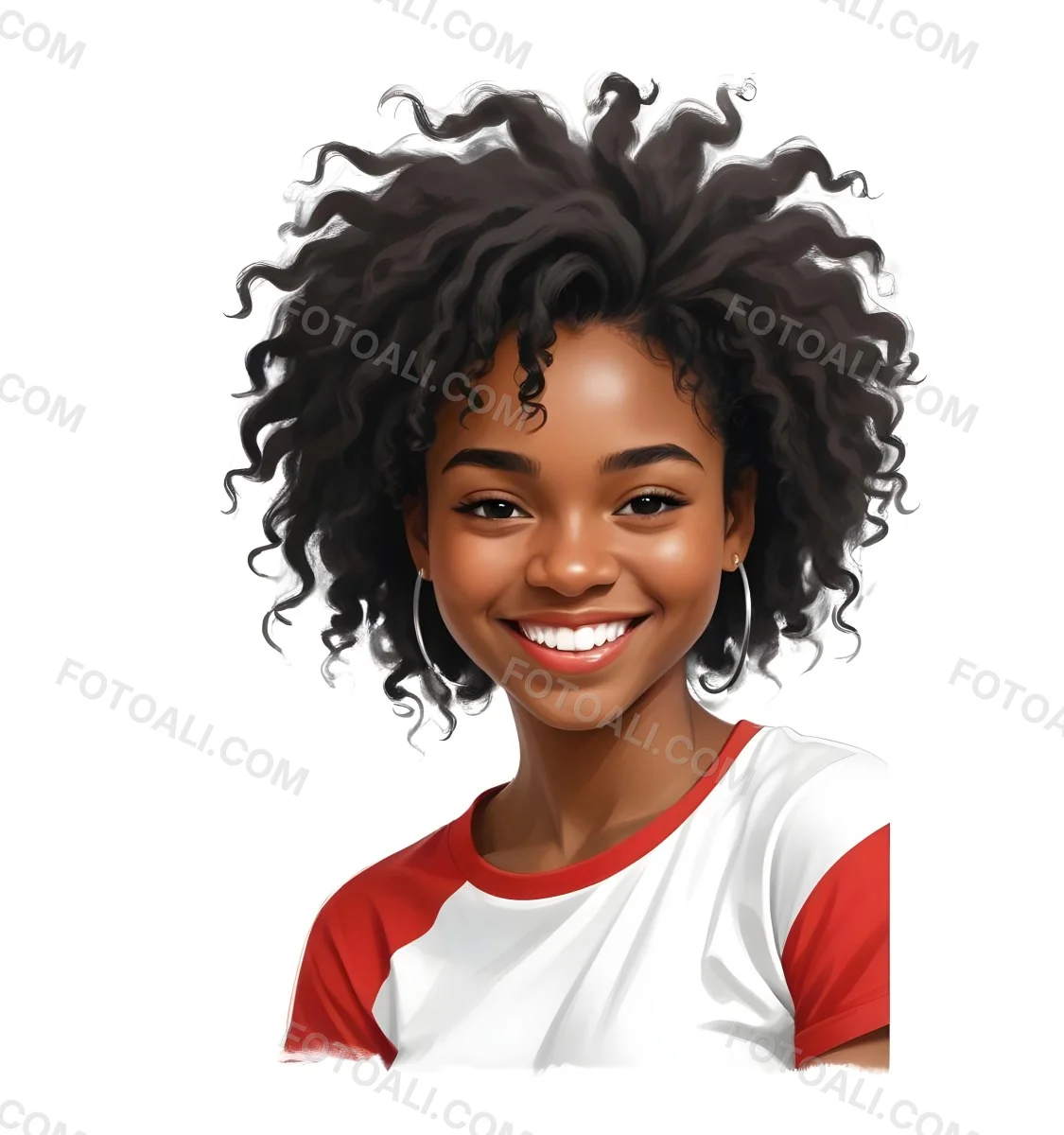 A Black Woman 23 Years Old Curly Black Hair Smiling Wearing A Red And White T Shirt In A White Background 9 4100