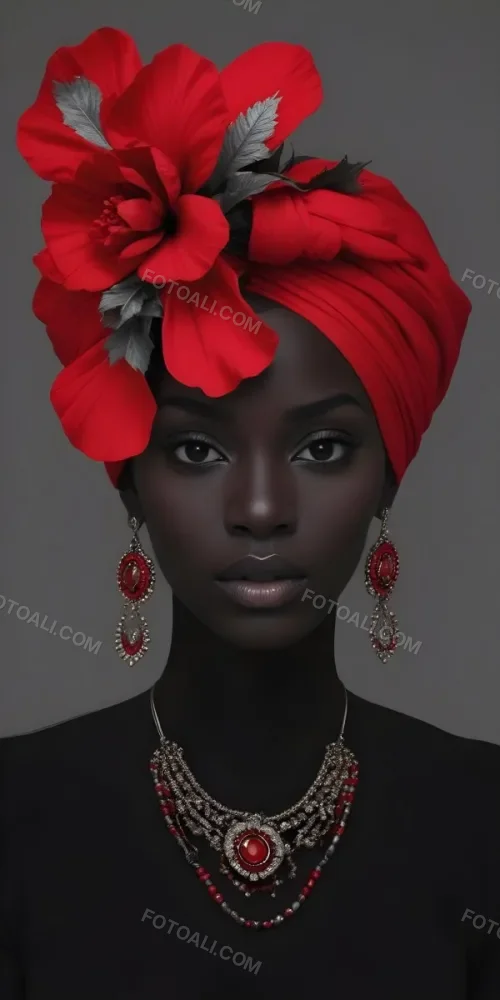 A Black Woman 23 Years Old With Dark Skin Wearing A Red Turban With A Big Red Flower Red Earrings In A Gray Background 20 Ebfa