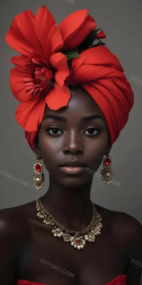 A Black Woman 23 Years Old With Dark Skin Wearing A Red Turban With A Big Red Flower Red Earrings In A Gray Background 26 D3a1
