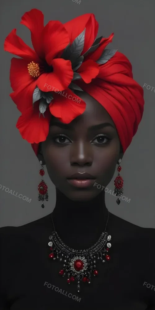 A Black Woman 23 Years Old With Dark Skin Wearing A Red Turban With A Big Red Flower Red Earrings In A Gray Background 28 Ba27