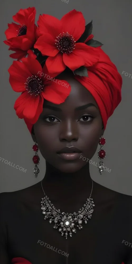 A Black Woman 23 Years Old With Dark Skin Wearing A Red Turban With A Big Red Flower Red Earrings In A Gray Background 3 Dcc0