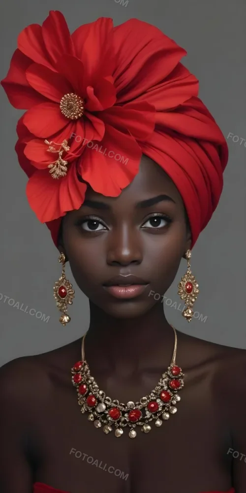 A Black Woman 23 Years Old With Dark Skin Wearing A Red Turban With A Big Red Flower Red Earrings In A Gray Background 32 1f0a