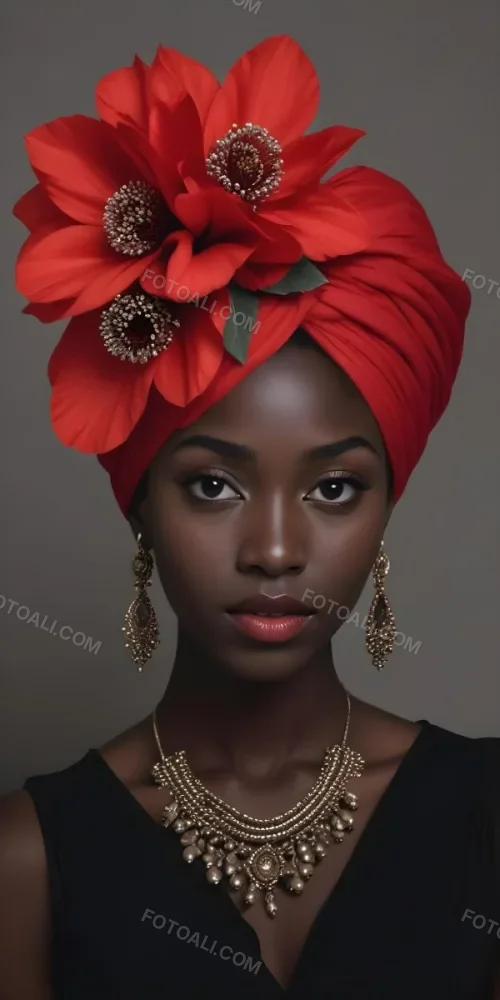 A Black Woman 23 Years Old With Dark Skin Wearing A Red Turban With A Big Red Flower Red Earrings In A Gray Background 33 78d4