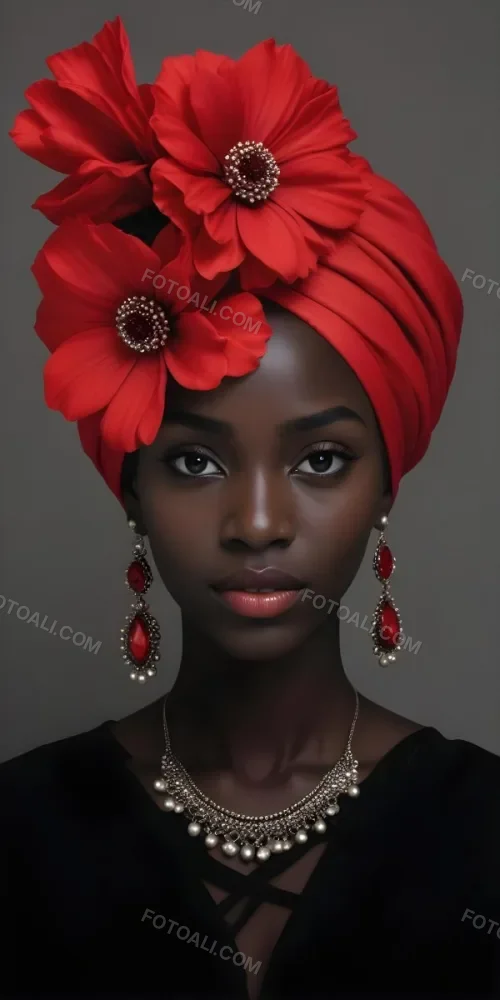 A Black Woman 23 Years Old With Dark Skin Wearing A Red Turban With A Big Red Flower Red Earrings In A Gray Background 35 7085