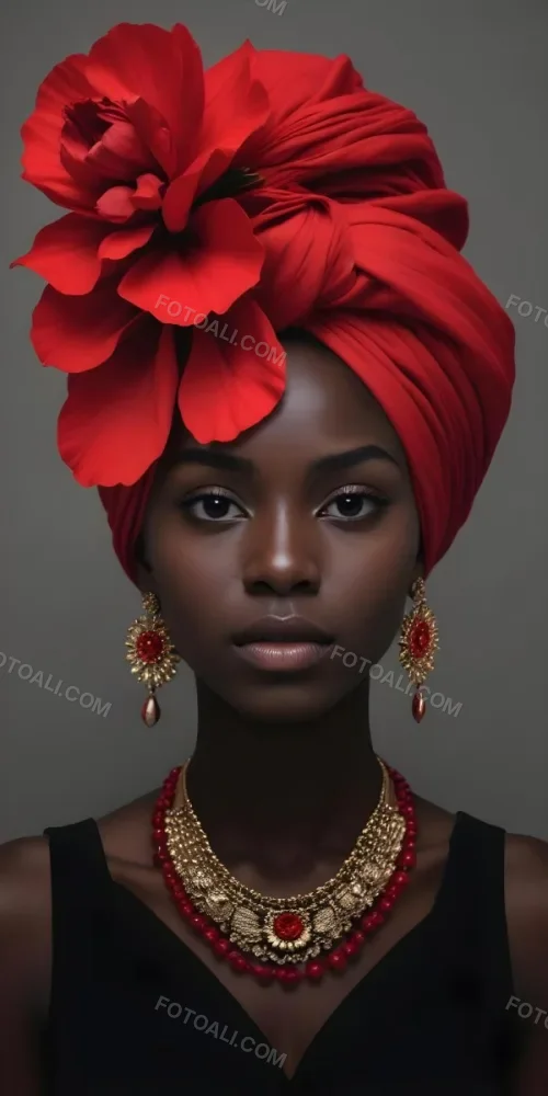 A Black Woman 23 Years Old With Dark Skin Wearing A Red Turban With A Big Red Flower Red Earrings In A Gray Background 5 D364