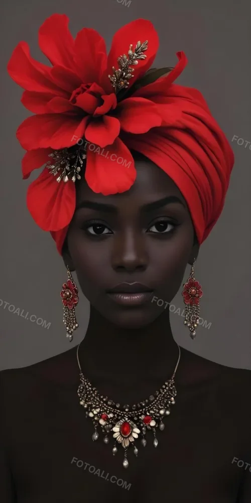 A Black Woman 23 Years Old With Dark Skin Wearing A Red Turban With A Big Red Flower Red Earrings In A Gray Background 6 49c8
