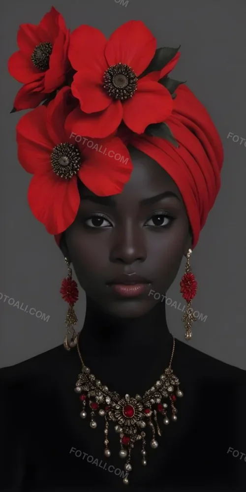 A Black Woman 23 Years Old With Dark Skin Wearing A Red Turban With A Big Red Flower Red Earrings In A Gray Background 7 9441