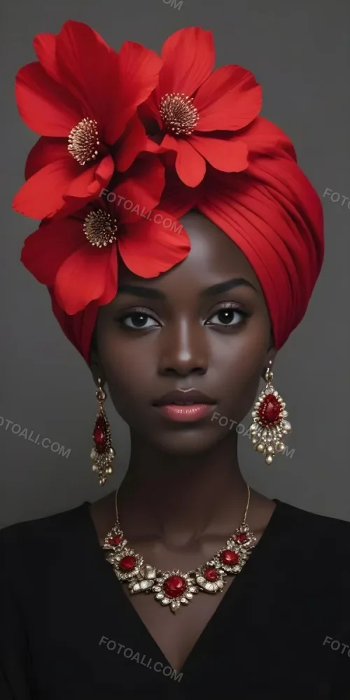 A Black Woman 23 Years Old With Dark Skin Wearing A Red Turban With A Big Red Flower Red Earrings In A Gray Background 9 Bbc1