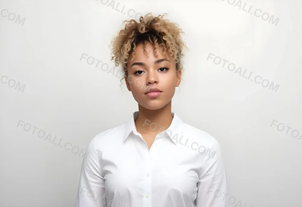 A Black Woman 25 Years Old With Curly Blonde Hair Wearing A White Shirt In A White Background 11