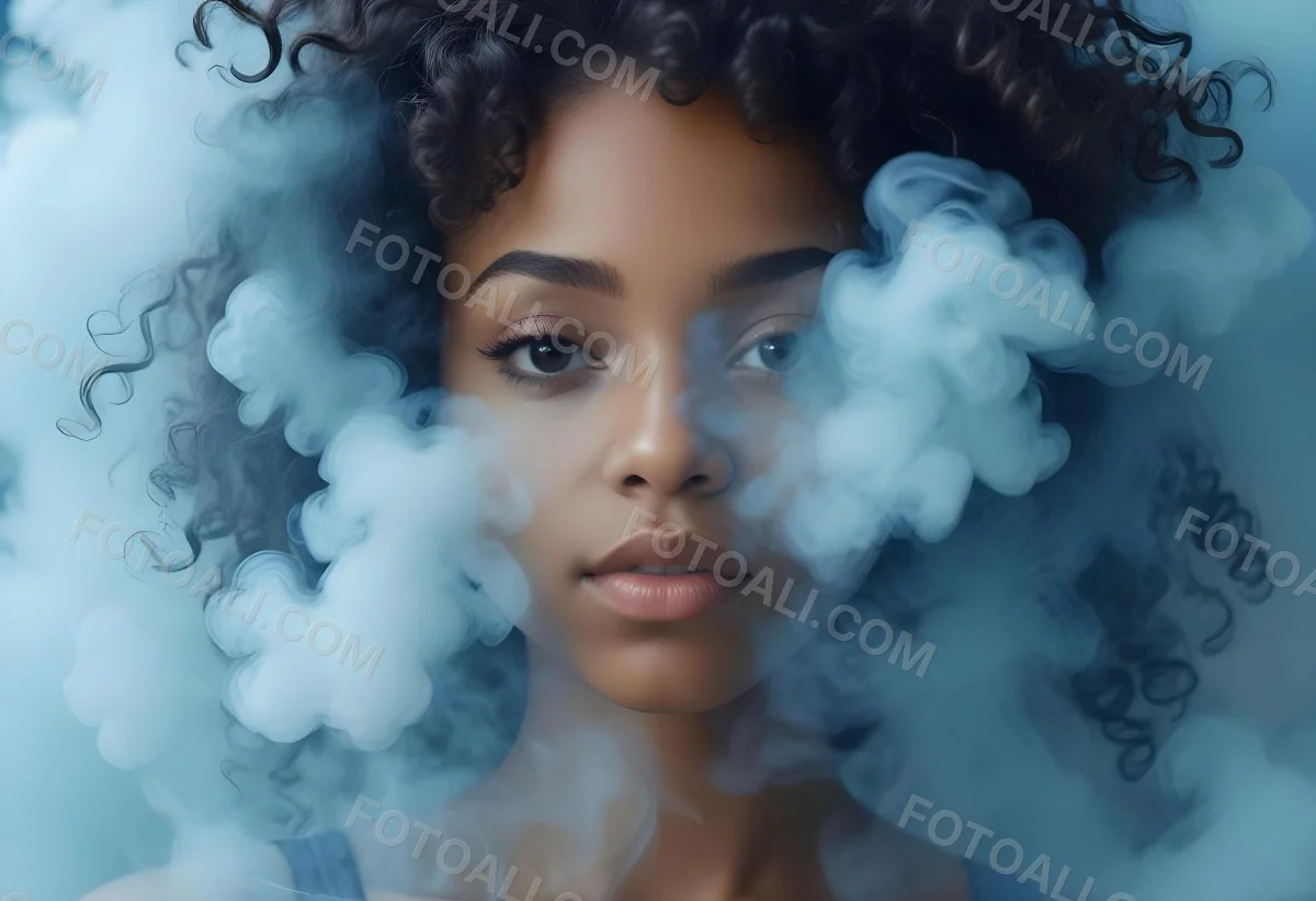 A Black Woman 25 Years Old With Curly Hair Surrounded By Blue Smoke 12 F1f4