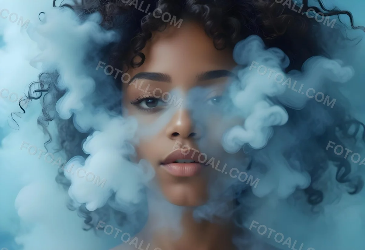 A Black Woman 25 Years Old With Curly Hair Surrounded By Blue Smoke 2 7680