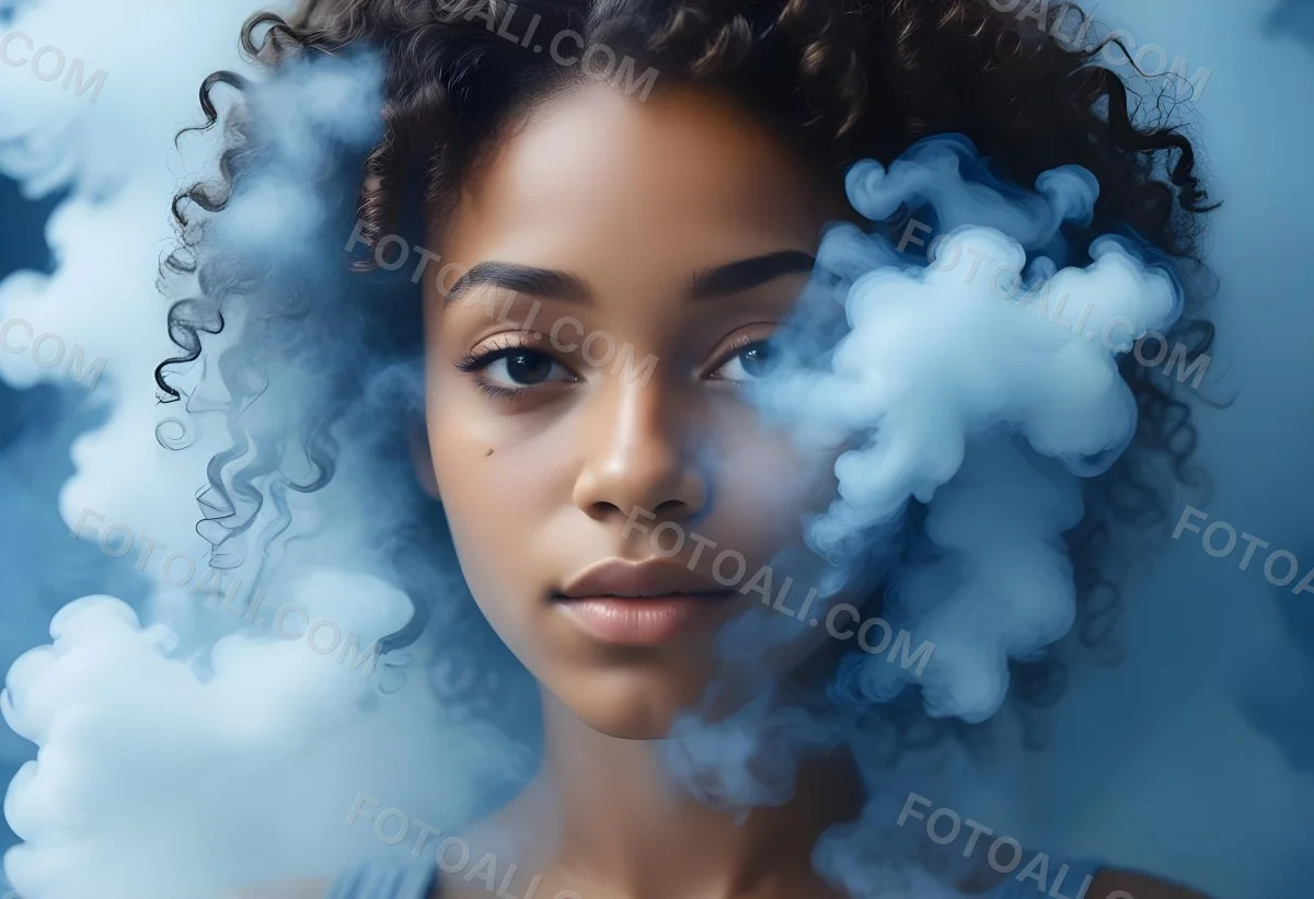 A Black Woman 25 Years Old With Curly Hair Surrounded By Blue Smoke 20 Efdf