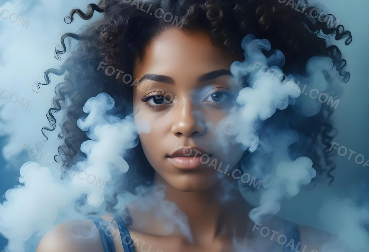 A Black Woman 25 Years Old With Curly Hair Surrounded By Blue Smoke 28 7291