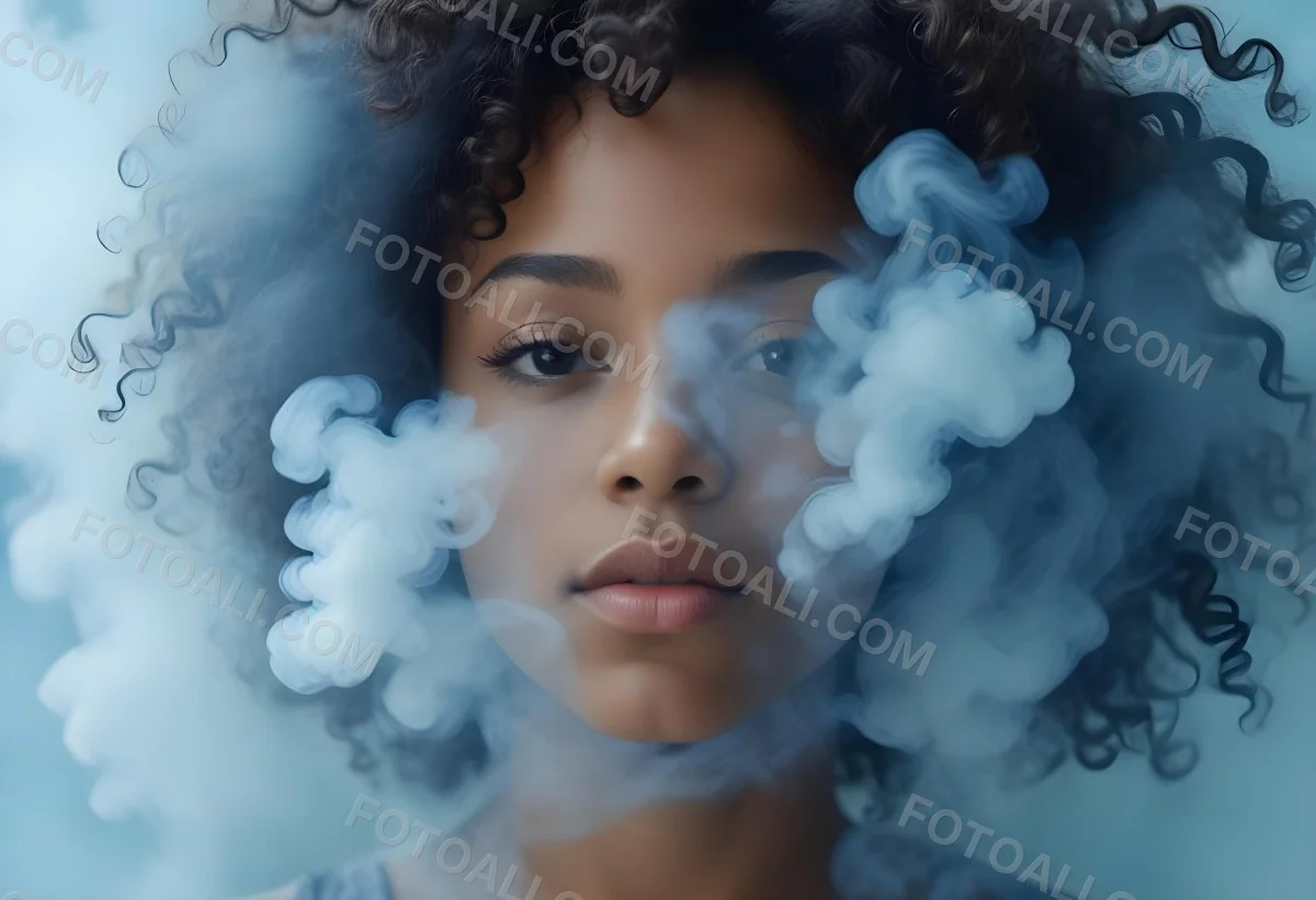 A Black Woman 25 Years Old With Curly Hair Surrounded By Blue Smoke 3 2d51