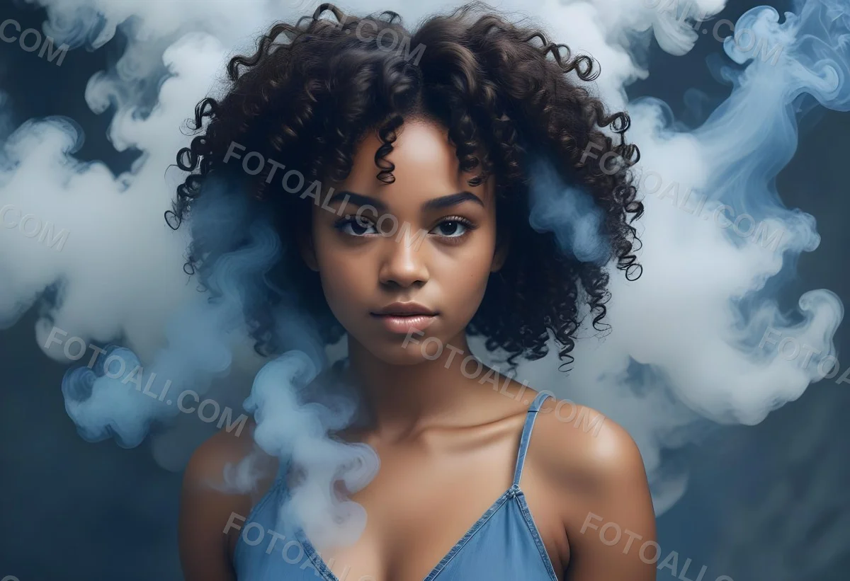 A Black Woman 25 Years Old With Curly Hair Surrounded By Blue Smoke 31 2921