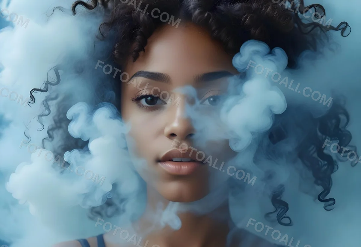 A Black Woman 25 Years Old With Curly Hair Surrounded By Blue Smoke 4 E067