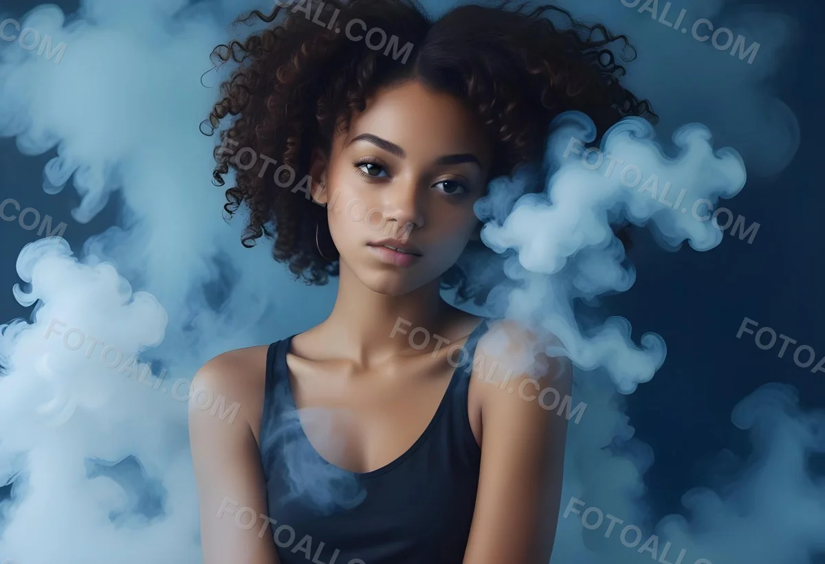 A Black Woman 25 Years Old With Curly Hair Surrounded By Blue Smoke 5 Fded