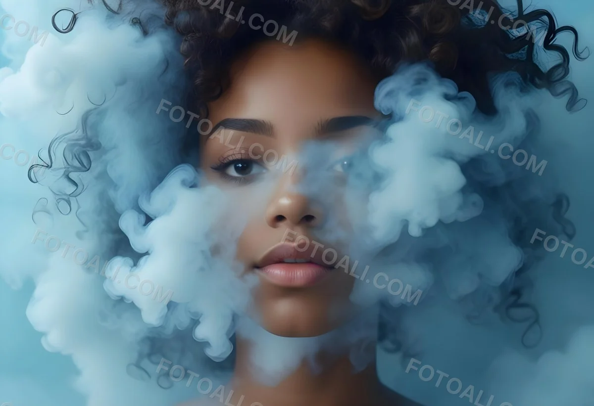 A Black Woman 25 Years Old With Curly Hair Surrounded By Blue Smoke 6 2def
