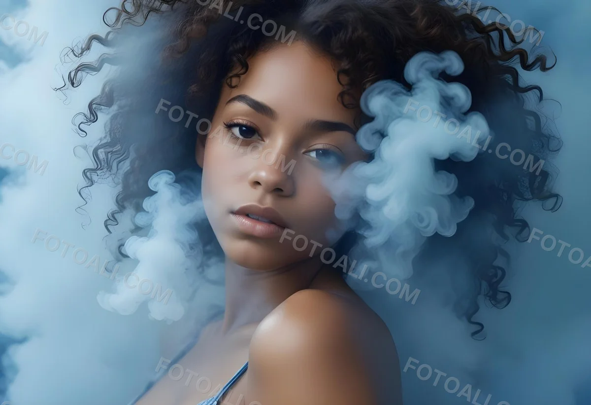 A Black Woman 25 Years Old With Curly Hair Surrounded By Blue Smoke 7 E2eb