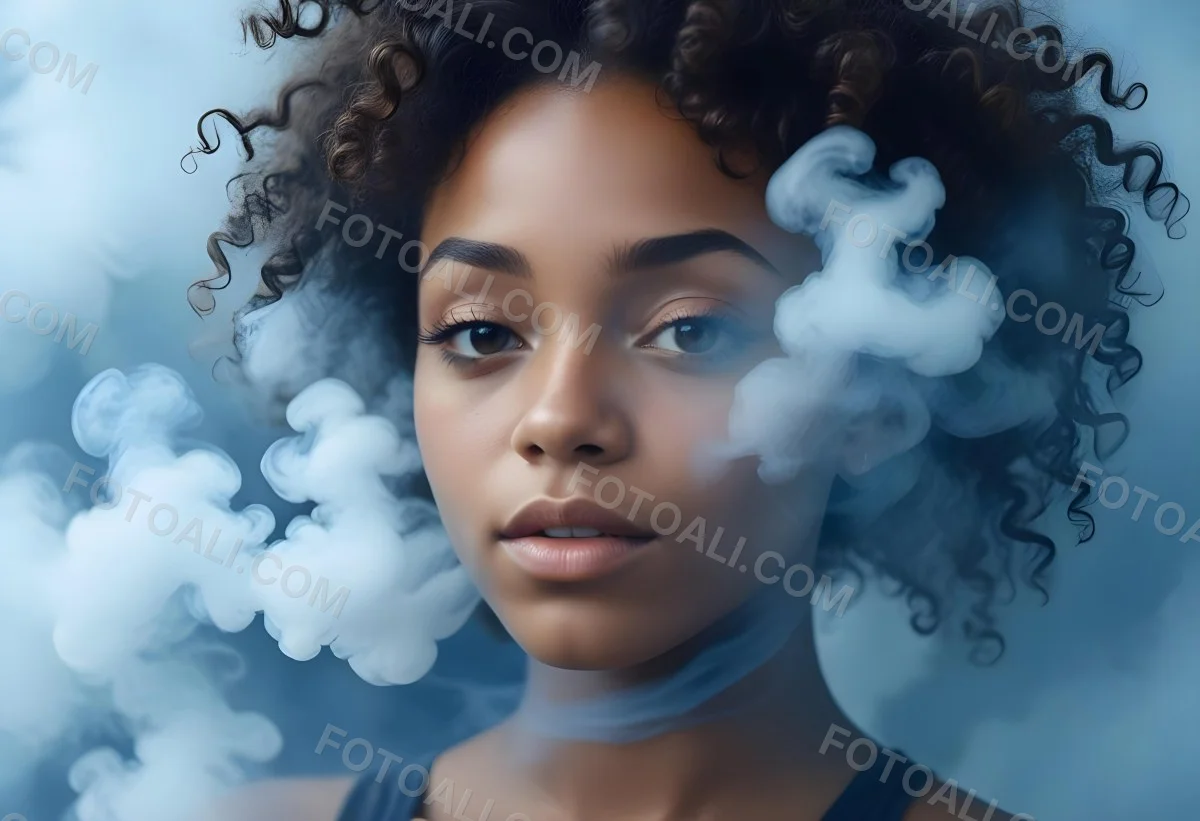 A Black Woman 25 Years Old With Curly Hair Surrounded By Blue Smoke 8 3ffe