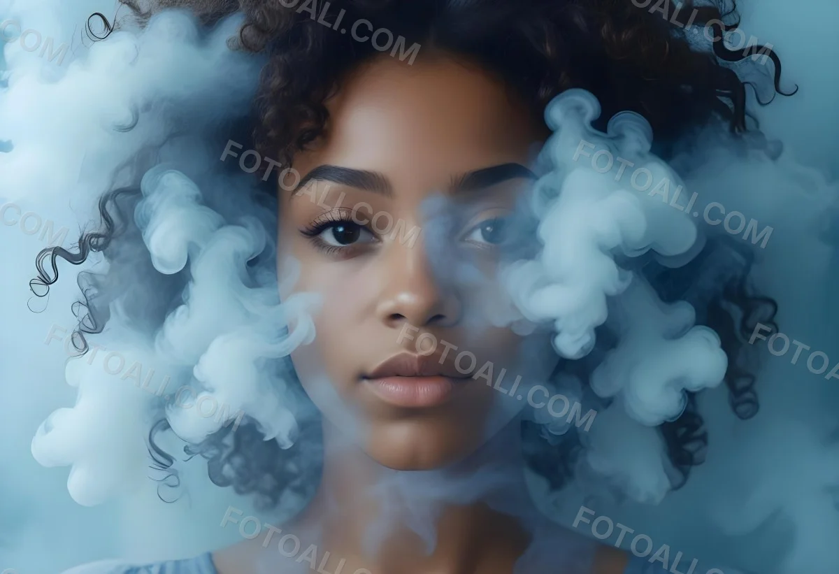 A Black Woman 25 Years Old With Curly Hair Surrounded By Blue Smoke 9 446d