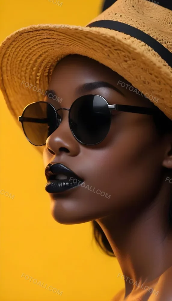 A Black Woman Age 25 With Dark Skin Wearing A Black Hat And Black Sunglasses Black Lips In A Black Background 11 4067