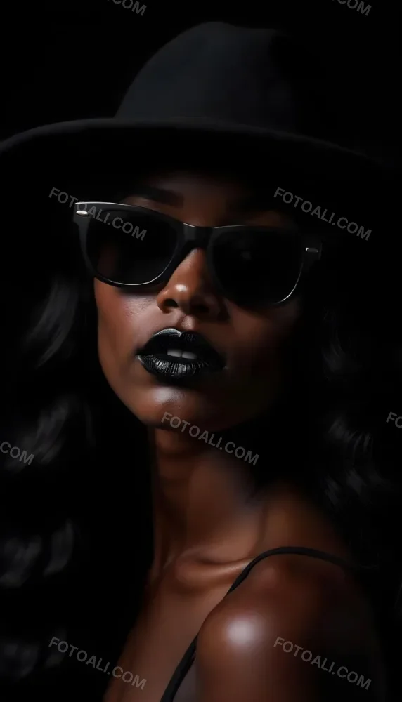 A Black Woman Age 25 With Dark Skin Wearing A Black Hat And Black Sunglasses Black Lips In A Black Background 22 1595