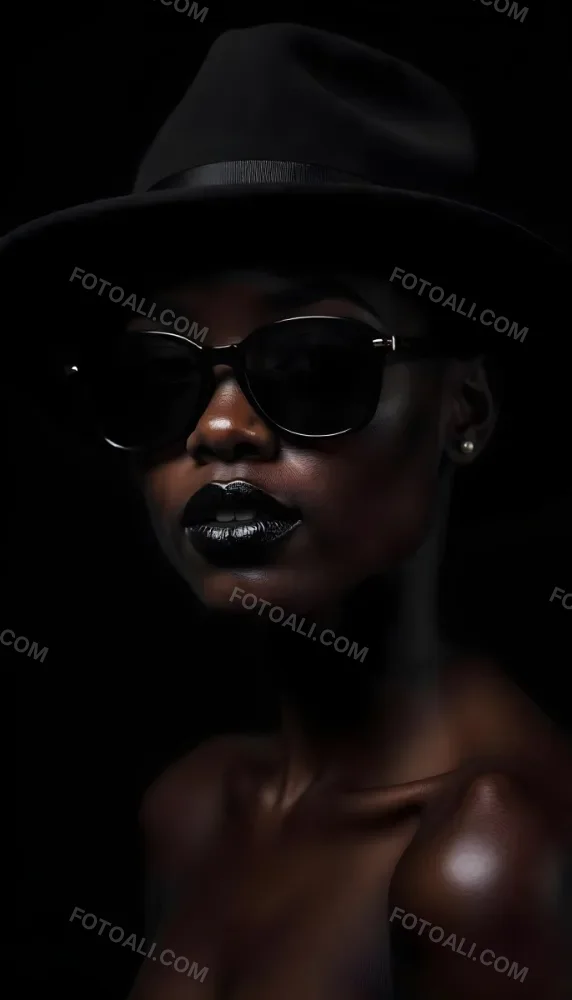 A Black Woman Age 25 With Dark Skin Wearing A Black Hat And Black Sunglasses Black Lips In A Black Background 24 757d