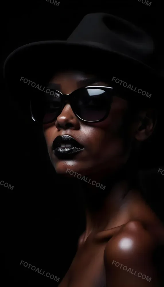 A Black Woman Age 25 With Dark Skin Wearing A Black Hat And Black Sunglasses Black Lips In A Black Background 28 B78a