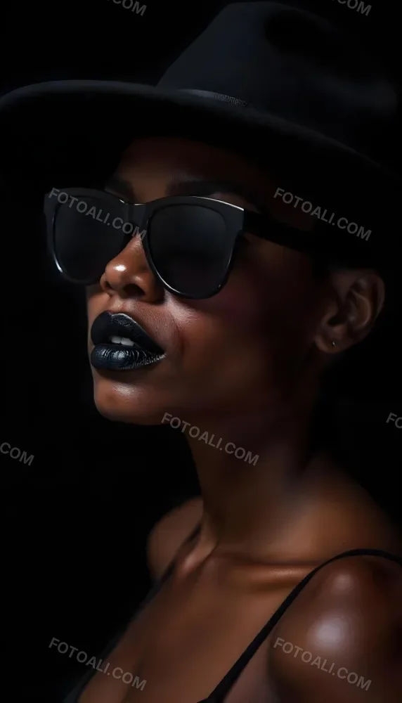 A Black Woman Age 25 With Dark Skin Wearing A Black Hat And Black Sunglasses Black Lips In A Black Background 30 2148